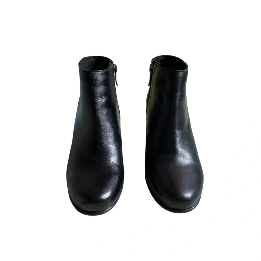 Black Leather Ankle Boots 8M Comfort Low Heel Booties Minimalist Business Casual